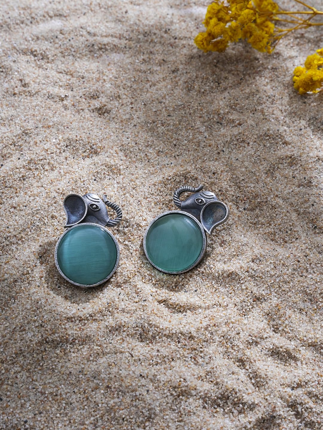 El Regalo 1Pair Oxidized German Silver Ganesha Elephant Stone Stud Earrings- Handcrafted Unique Earrings with Color Stone Options (silky Green)