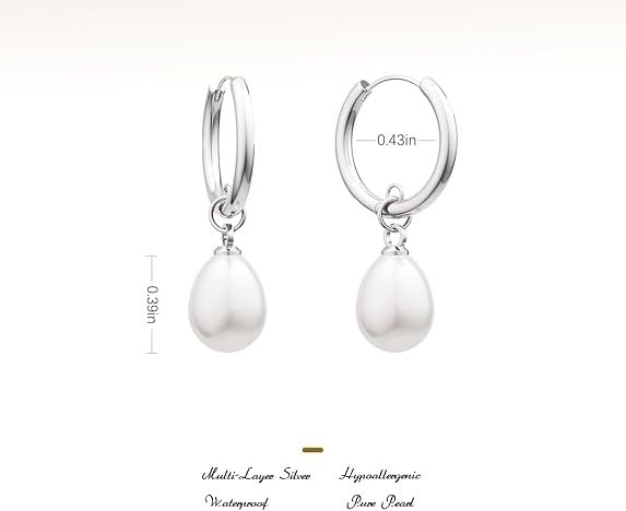 El Regalo Stainless Steel Pearl Drop Hoop Earrings for Women | Small Huggie Hoop Earrings with Pearl Pendant | Waterproof Anti Tarnish Modern Earrings for Girls | Minimalist Cute Jewelry (Silver)