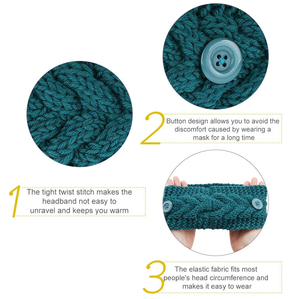 El Regalo Knitted Winter Twist Warm Wool Headband with Buttons for Face Mask Cover for Unisex (Sea Green)