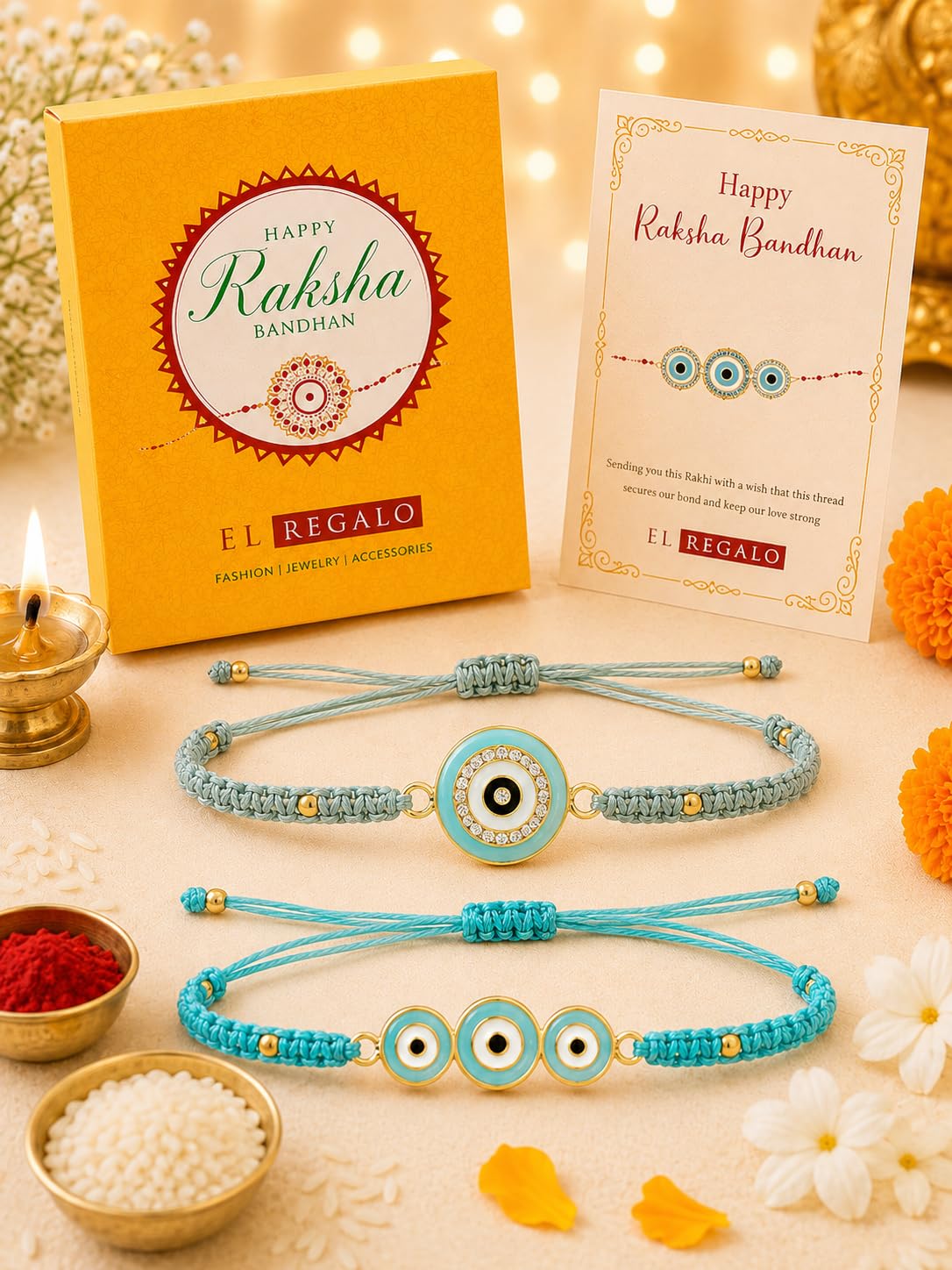 El Regalo 2PCs Rakhis for Brother- Evil Eye Rakhi Combo Set with 2 Rakhis, shagun Pack, Rakhi Message Card in Rakhi Gift Box (Option-3)