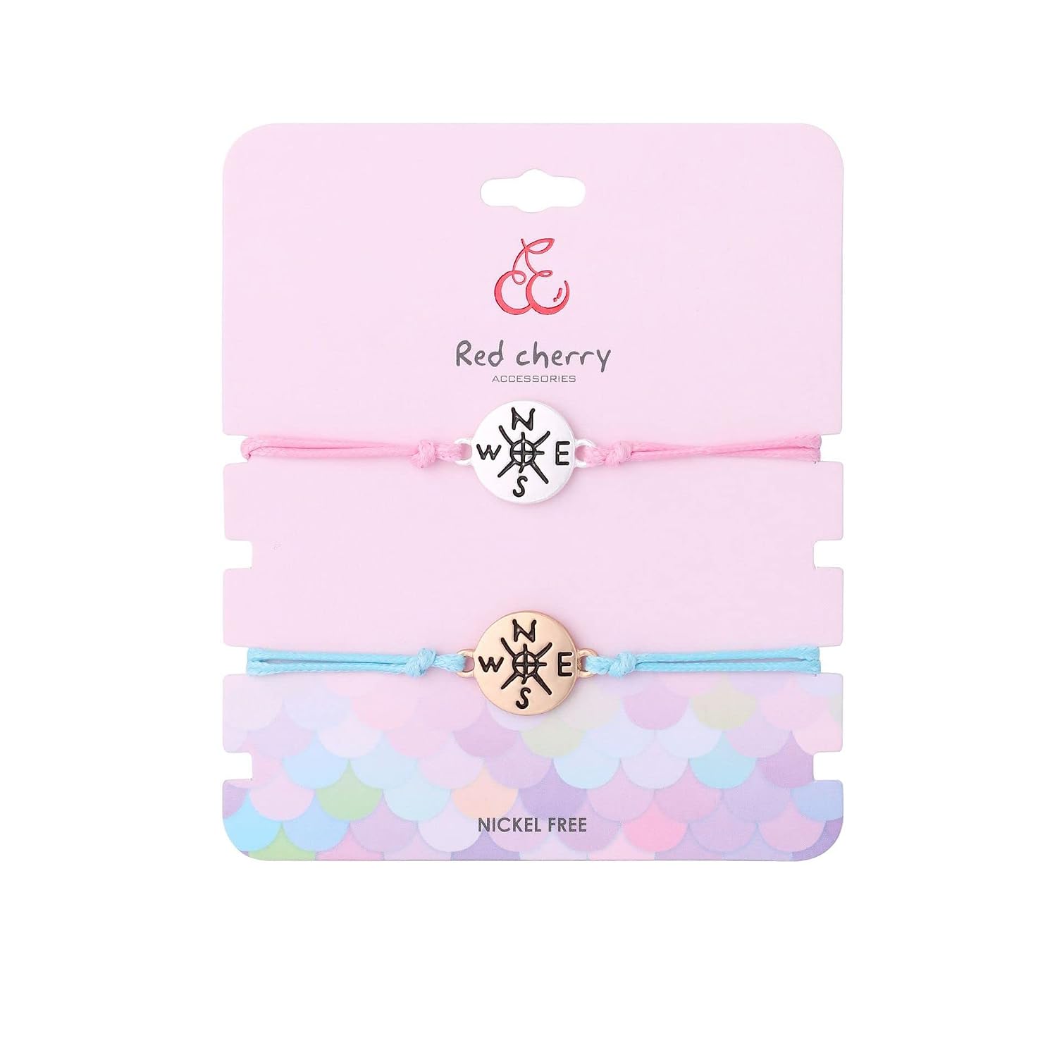 El Regalo 2pcs/set Pink & Blue Best Friends Handmade Woven Rope Thread Braided Bracelet with Spray Lacquer Accessories For Kids/Girls/Teens (Compass Bracelets)