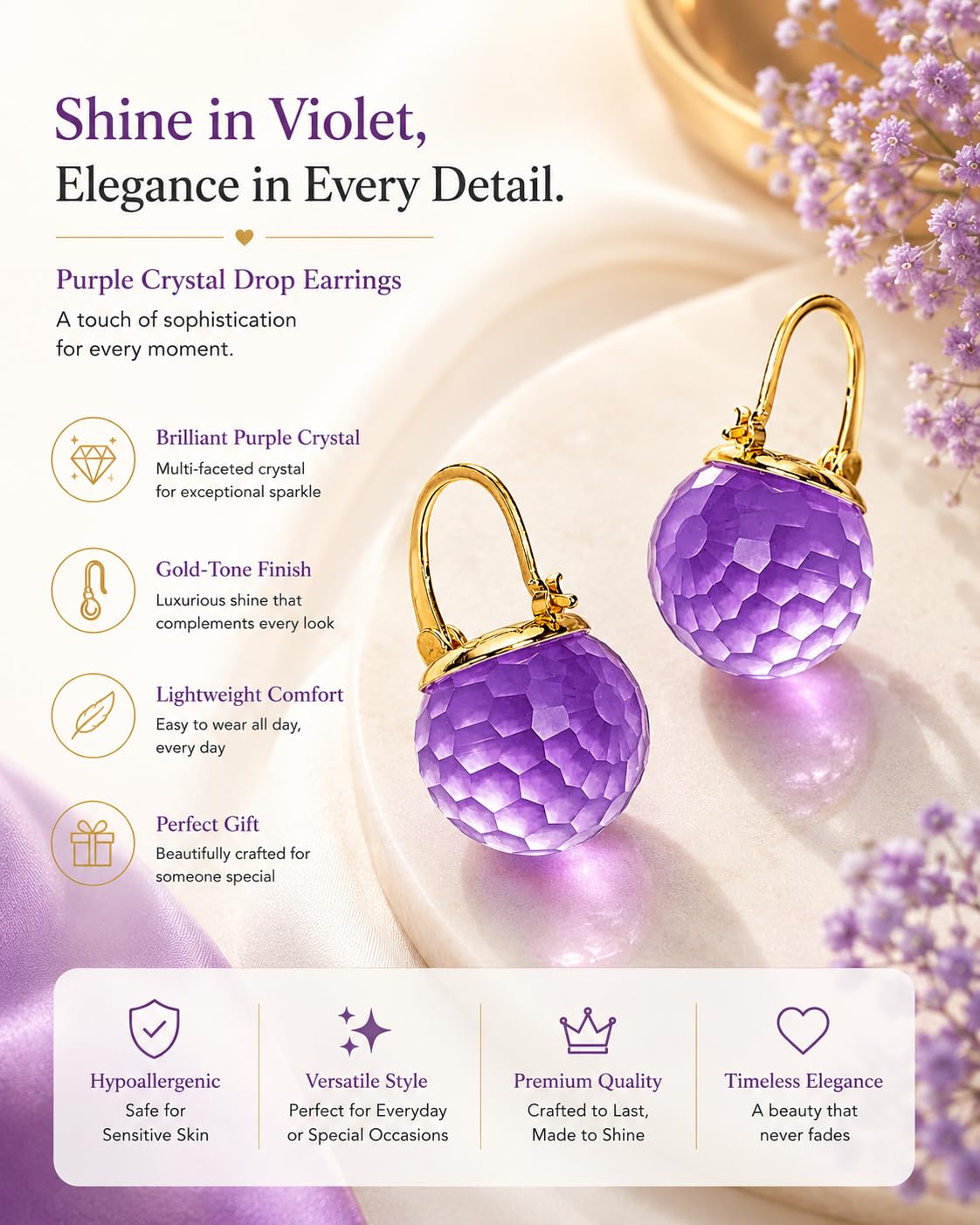 El Regalo Elegant & Graceful Aquamarine Austrian Crystal Earrings for Girls & Women- Sparkly Austrian Crystal Disco Ball Earrings (Misty Purple)