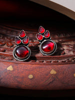 El Regalo Silver Look-Alike Oxidized Earrings for Women - Handcrafted Elegant Leaf Design Brass Earrings with Monalisa Stones - Traditional Earrings for Ethnic & Casual Wear (Red)