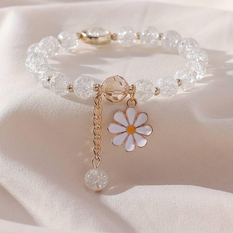 El Regalo 1 PC Dailsy Flower Sparkly Crystal Beads Tassel Bracelet for Girls/Teens/Women- Cute Crackle Beads Daisy Flower Stretch Bracelet (White)