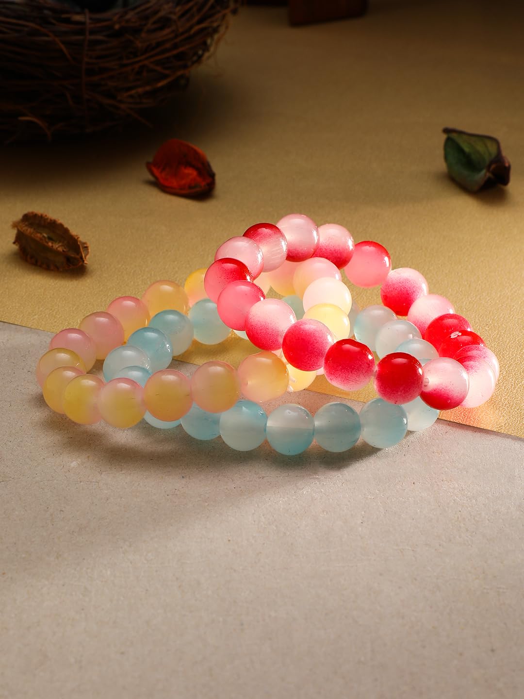El Regalo 3PCs Beautiful Gradient Glass Beads Bracelets Set for Girls & Women (Color Options-1)