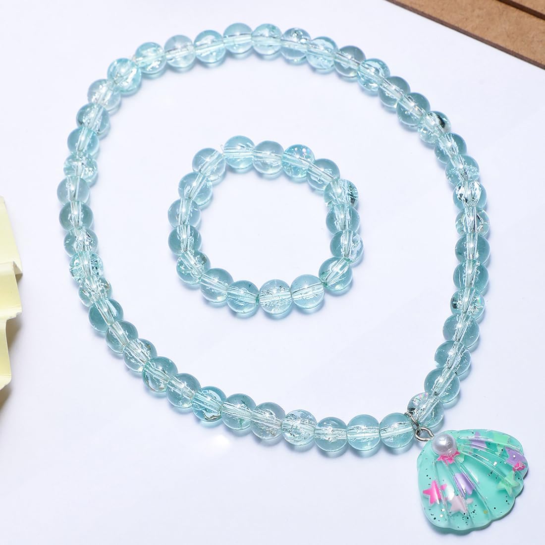 El Regalo 2 PCs Resin Shell Pendant Colorful Sparkly Crackle Beads Pendant Necklace & Bracelet Set for Kids/Girls- Christmas/Birthday Gift for Girls Kids (Ocean Blue)