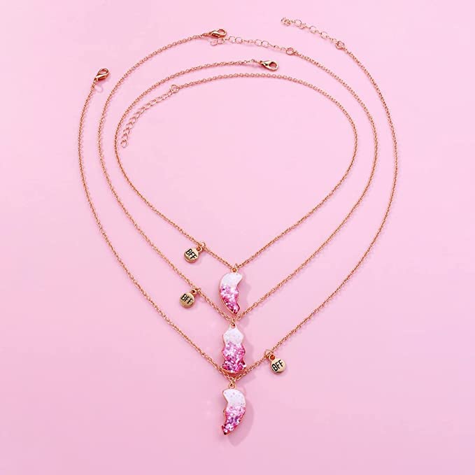 El Regalo 3 PCs BFF Best Friend Forever Split Heart Magnetic Matching Pendant Necklaces Set for Kids/Girls/Teens- Friendship Puzzle Necklaces Sets for Besties (Pink Sparkling Heart BFF)