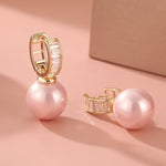 El Regalo Premium Inlaid CZ Pearl Hoop Earrings for Women & Girls | Elegant Korean Style Pearl Drop Huggie Earrings | Party, Wedding & Daily and Office Jewelry (Pink)