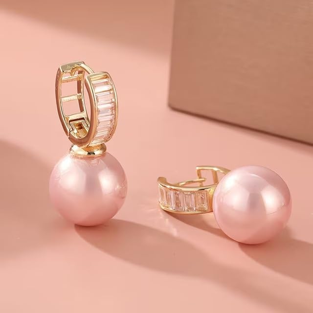 El Regalo Premium Inlaid CZ Pearl Hoop Earrings for Women & Girls | Elegant Korean Style Pearl Drop Huggie Earrings | Party, Wedding & Daily and Office Jewelry (Pink)