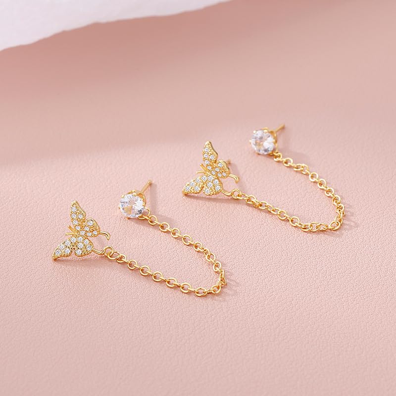 El Regalo Butterfly Chain Cuff Earrings for Women | CZ Diamond Stud & Butterfly Ear Cuff Linked Earrings | Long Chain Cartilege Earrings for Girls | Trendy Party Fashion Jewelry