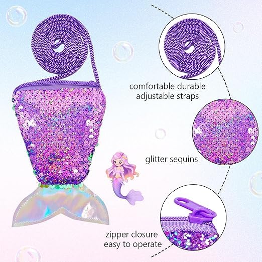 El Regalo 6PCs Mermaid Shell Girls Kids Jewelry Set- Necklace, Bracelet, Earrings, Ring, Hair Clip & Sequin Handbag for Girls- Girls Princess Jewelry Set