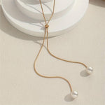 El Regalo Classy Slider Pearl Tie Necklace for Girls & Women- Elegant Drawstring Imitation Pearl Pendant Adjustable Y-Shaped Chain Necklace (Gold)