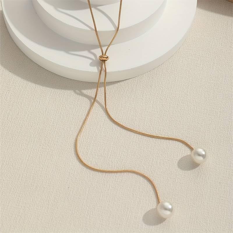El Regalo Classy Slider Pearl Tie Necklace for Girls & Women- Elegant Drawstring Imitation Pearl Pendant Adjustable Y-Shaped Chain Necklace (Gold)