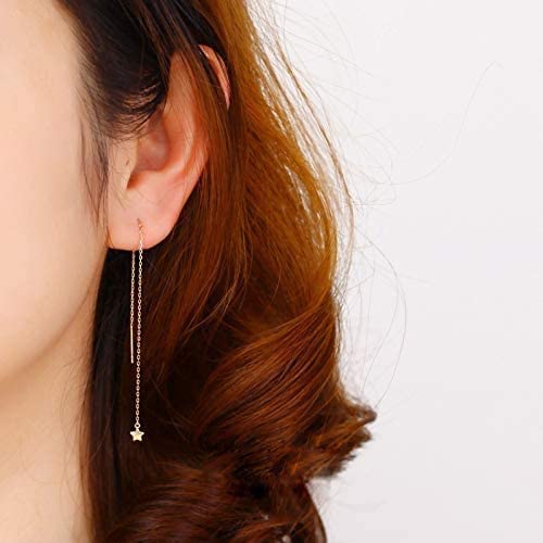 El Regalo Gold Plated Plated Minimalist Long Thin Tassel Elegant Threader Dangle Chain Earrings for Girls & Women (Golden Star Threader)