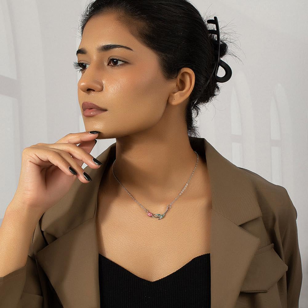 El Regalo Pink Tulip Flower Necklace- Sleek Oil Dripping Tulip Pendant Chain Necklace for Girls & Women