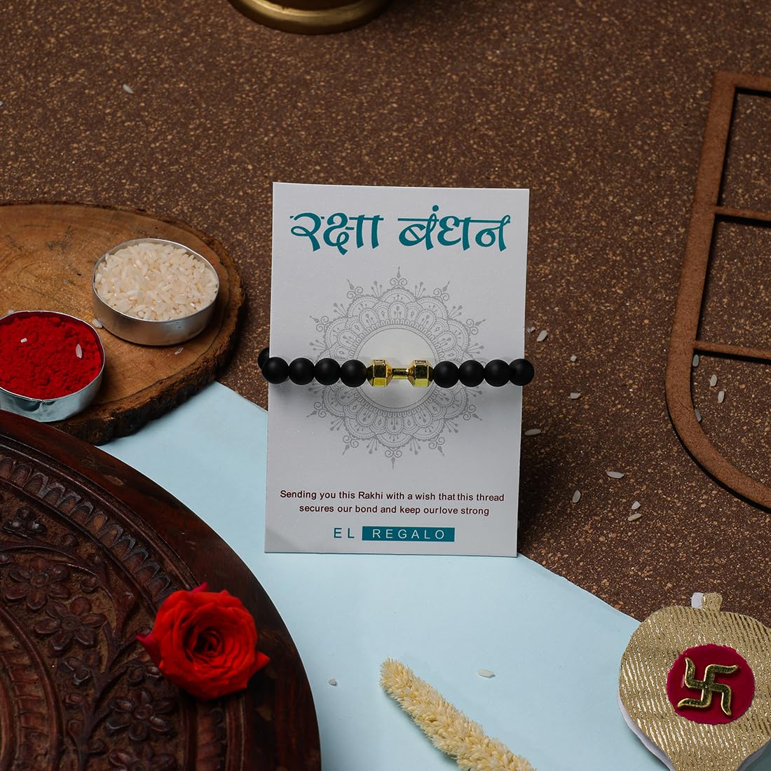 El Regalo 1pc Gymheads Dumbbell Bracelet Rakhi for Gym Lover Brother- Gym Rakhi with Roli Chawal, Rakhi Message Card in Gift Box (Gold)