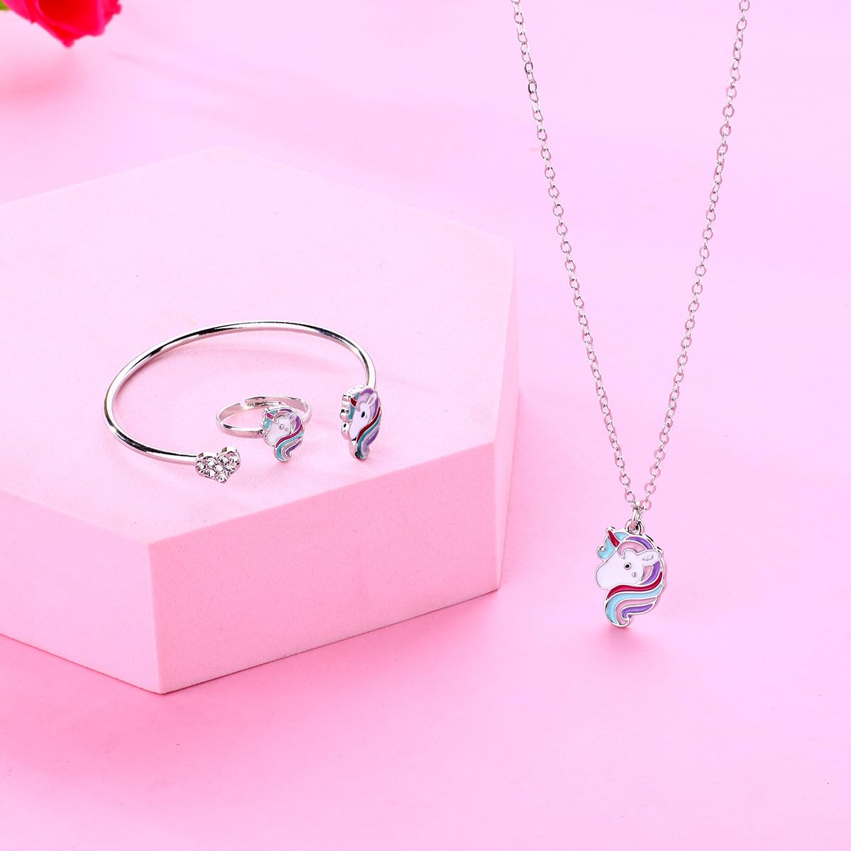 El Regalo 3 PCs Cute Enamel Pony/Unicorn Pendant Necklaces, Bracelet & Ring Set for Kids/Girls/Teens | Unicorn Jewelry for Unicorn Theme Party- Gift for Girls