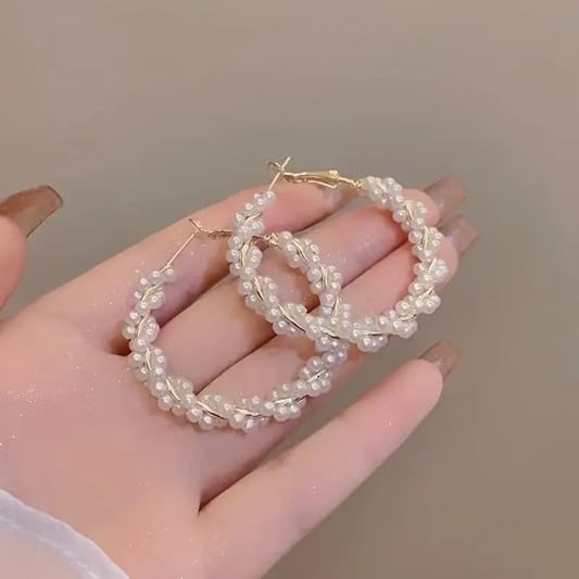 El Regalo Retro Elegant Double Row Imitation Pearl Oval Hoop Earrings for Women - Fashion Pearl Double Layer Ear Buckle Hoops (Pig Pearls Hoop Earrings)
