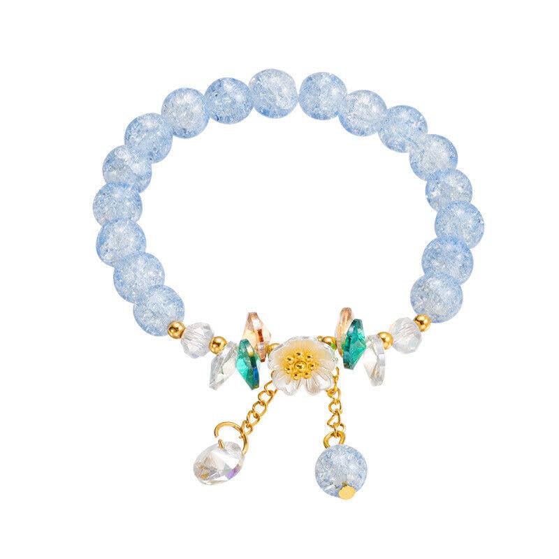 El Regalo Daisy Flower Bracelets- 1PC Crackled Crystal Beads Tassel Flower Charms Bracelet for Girls & Women (Blue)