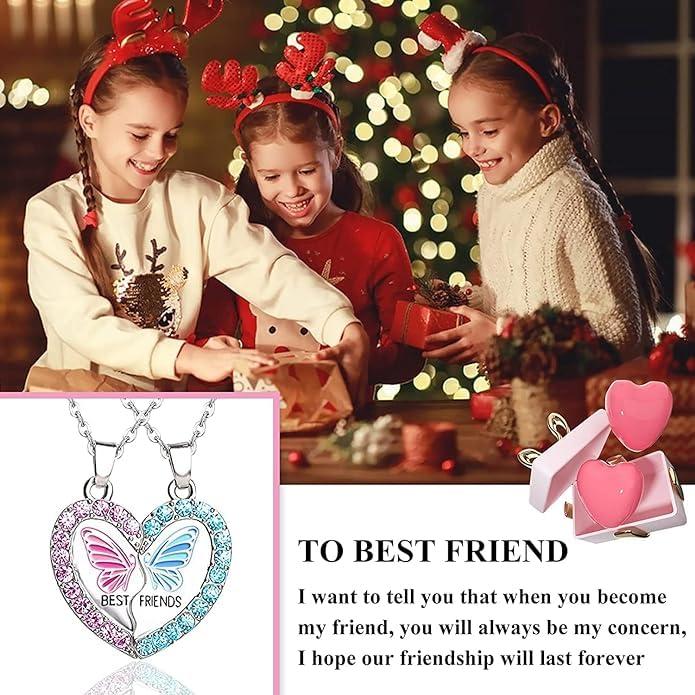El Regalo 2PCs BFF Magnetic Heart Best Friend Pendant Necklaces for Girls - BF Best Friends Jewelry ift for Besties Birthday/Friends Day/Valentines day (BF Butterfly)