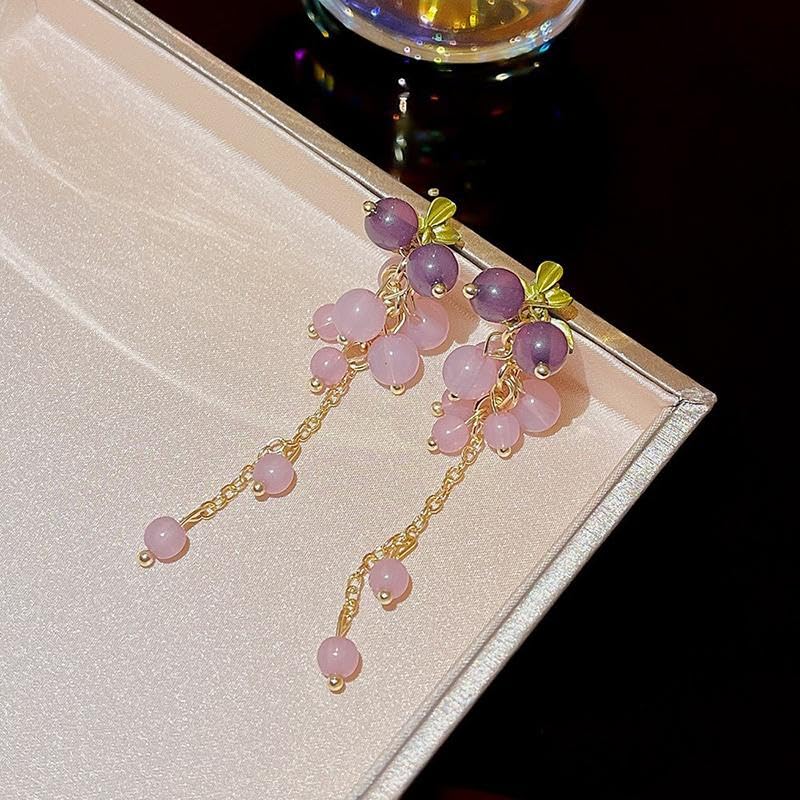 El Regalo Purple Grape Bunches Crystal Bead Drop Earrings for Girls & Women- Handmade Acrylic Fruit Dangle Drop Fashion Earrings (Grapes Tassel)