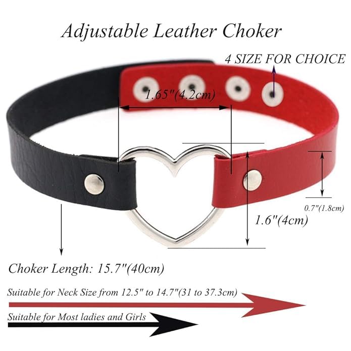El Regalo Vintage PU Leather Love Heart Choker Necklace for Girls/Women- Western Gothic Punk Collar Choker Necklace (Red & Black)