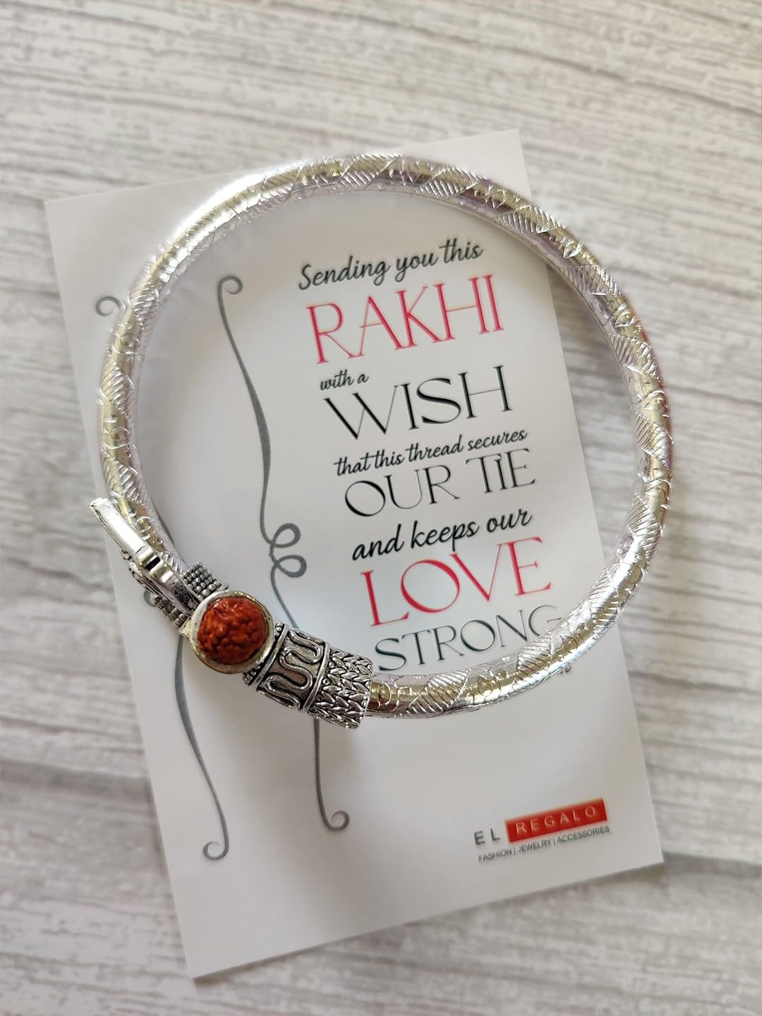 El Regalo Trident Rudraksha Kada Bracelet Rakhi for Brother/Bhai- Rudraksha Trishool Silver Plated Rakhi for Bhaiya with Roli Chawal, Card in Rakhi Gift Box