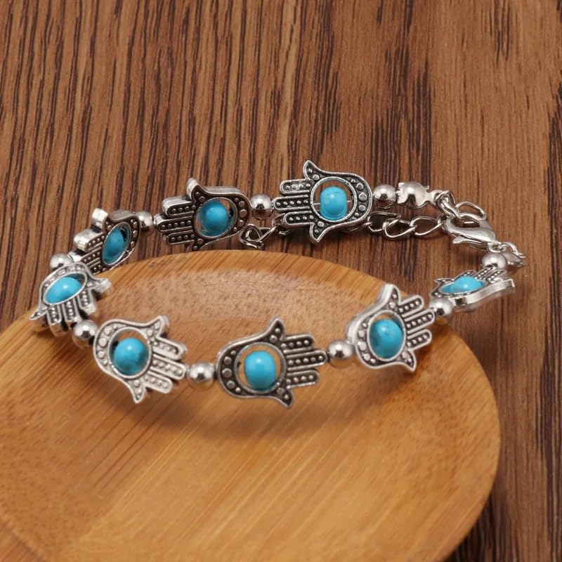 El Regalo Evil Eye Hamsa Hand Turquoise Green Beads Bracelet for Girls & Women- Antique Finish Hamsa Hand Sleek Bracelet (Turquoise Green Beads)