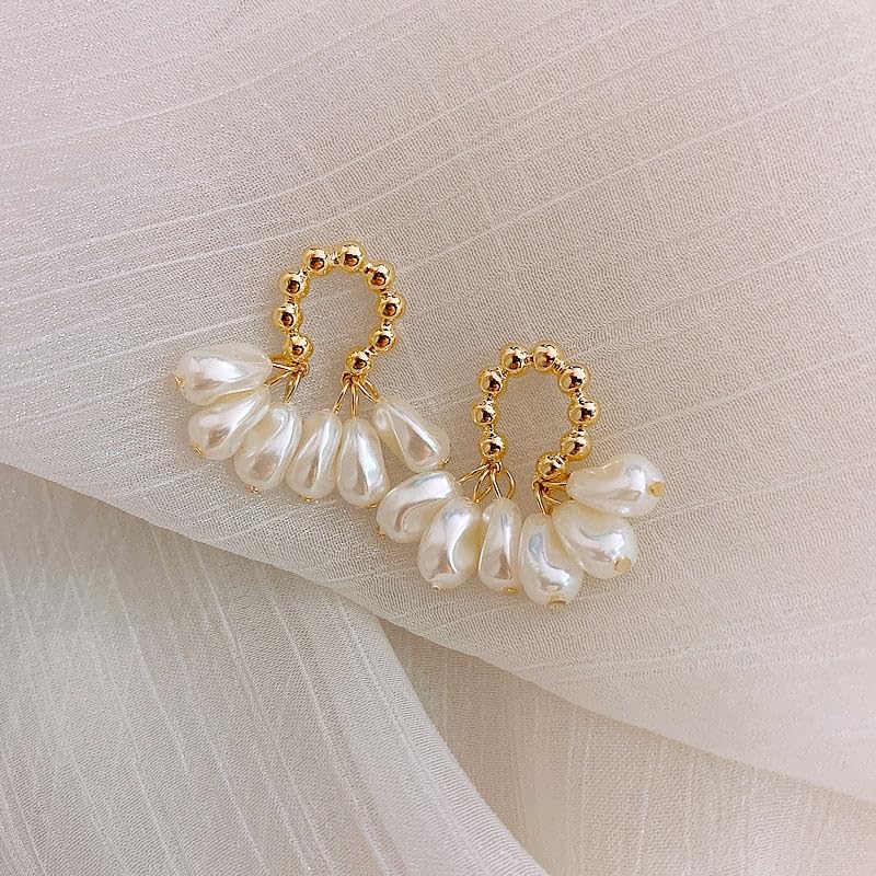 El Regalo Gold Beaded Pearl Hoop Earrings for Girls & Women - Elegant Cascading Teardrop Faux Pearl Drop Earrings - Boho Bridal Wedding Jewelry, Statement Dangle Hoops for Bridesmaids, Anniversary & Prom Gift