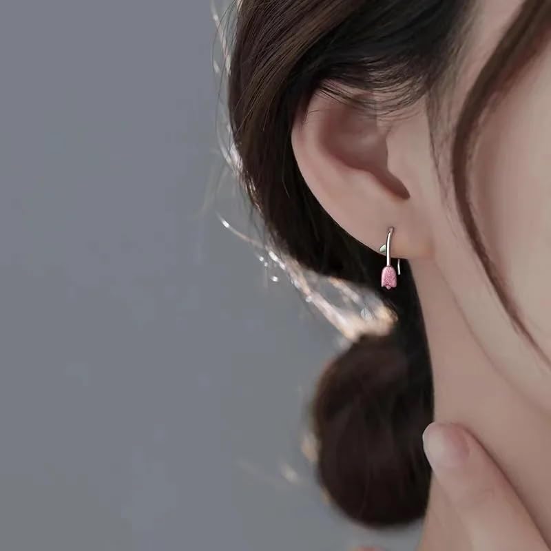 El Regalo Cute Tiny Pink Tulip Flower Bud Earrings for Girls & Women- Enameled Tulip Crawler Climber Earrings