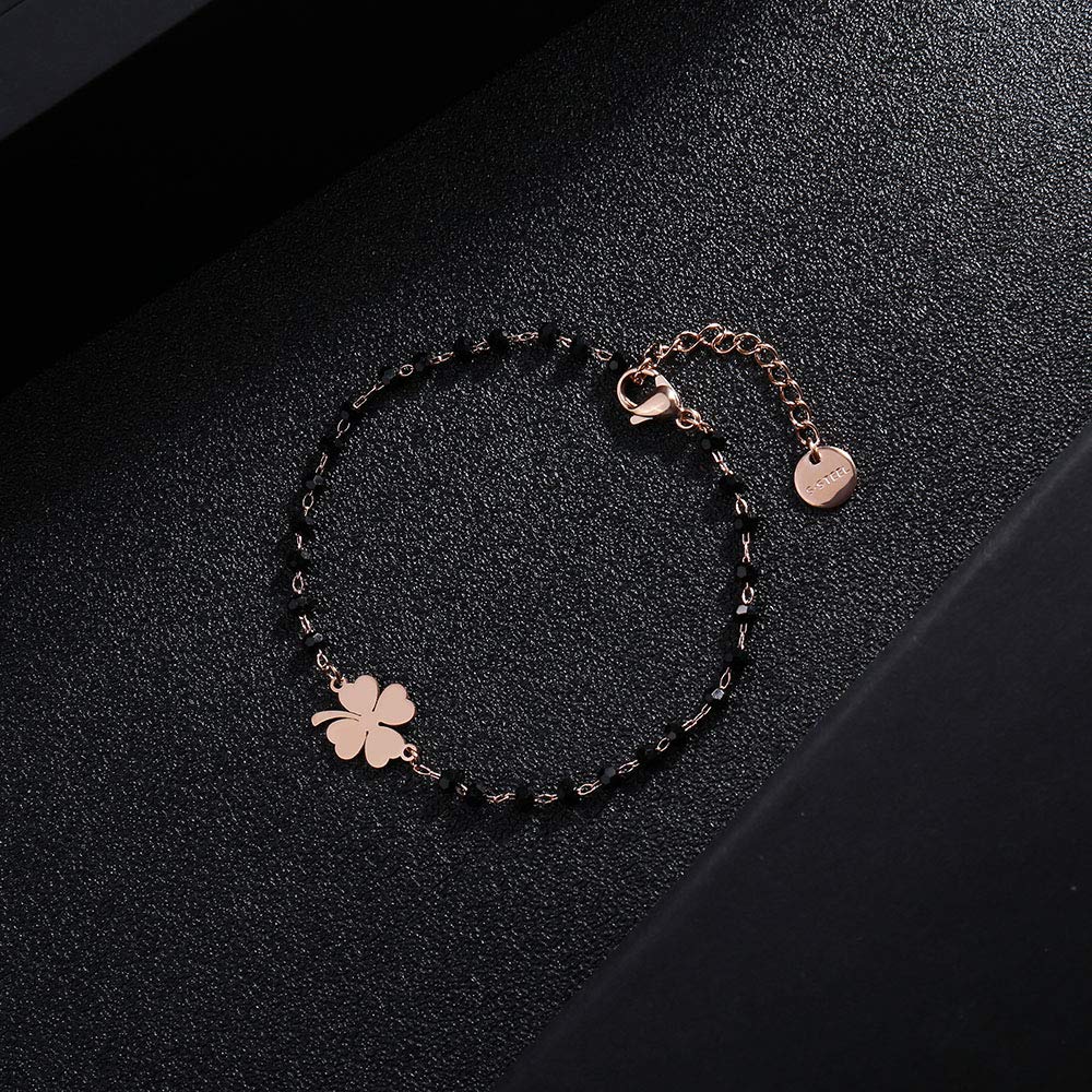 El Regalo Stainless Steel Mangalsutra Evil Eye Nazaria Bracelet- Black Crystal Beads Anti Tarnish Chain Bracelet for Girls/Women (Clover Leaf Nazaria Bracelet)