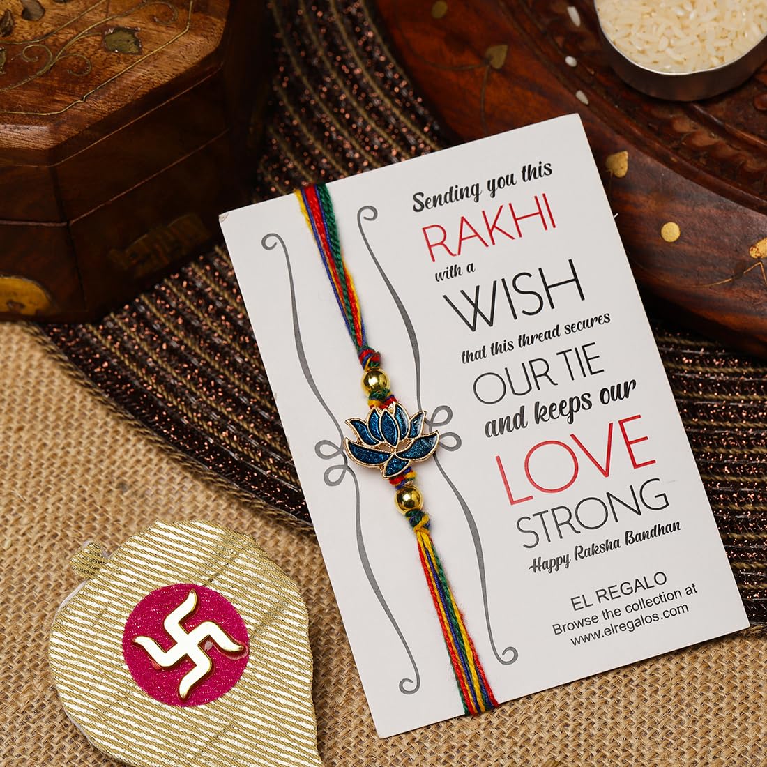 El Regalo 1PC Simple Lotus Flower Rakhi for Brother- Minimalist Lotus Thread Rakhi with Roli Chawal, Rakhi Message Card in Rakhi Gift Box (Option-2)