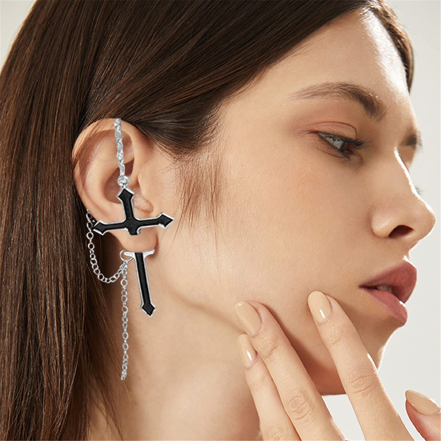 El Regalo 1 Cross Chain Earring - Unique Black Enamel Punk Dangle Drop | Cool Puncture Ear Stud Earring for Women Men Statement Hinged Jewelry Gifts