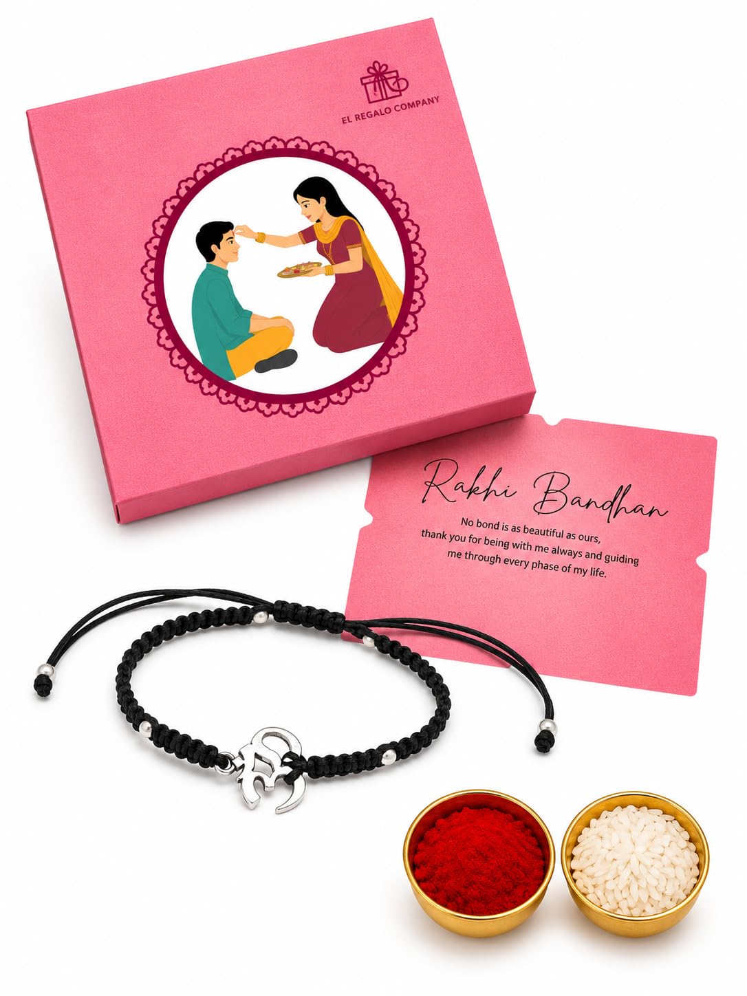 El Regalo Fancy & Traditional AUM/Shell Charm Rakhis for Brother | Elegant Auspicious Bracelet Rakhi for Bhai/Bhaiya with Roli Chawal in Gift Box (Black Aum/OM)
