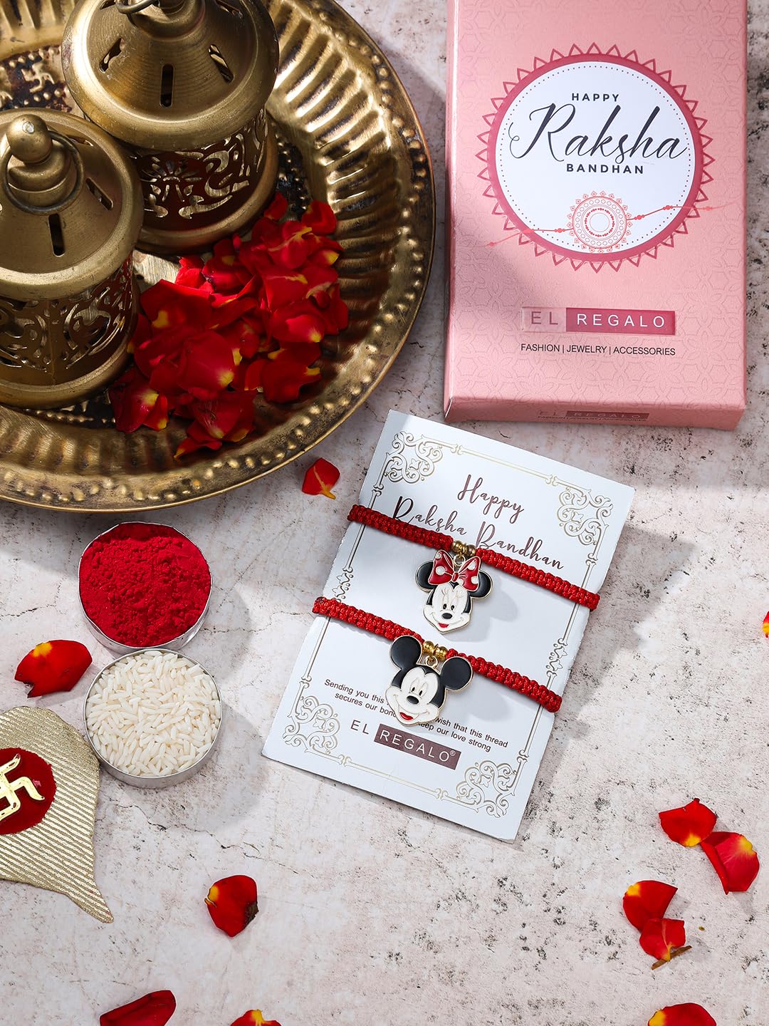 El Regalo 1PC Cute Kids Rakhi for Brother- Beautiful Minnie/Mickey Mouse Rakhis with Roli Chawal, Rakhi Message Card in Rakhi Gift Box for Little Brother/Niece/Nephew (Mickey Mouse Rakhi)