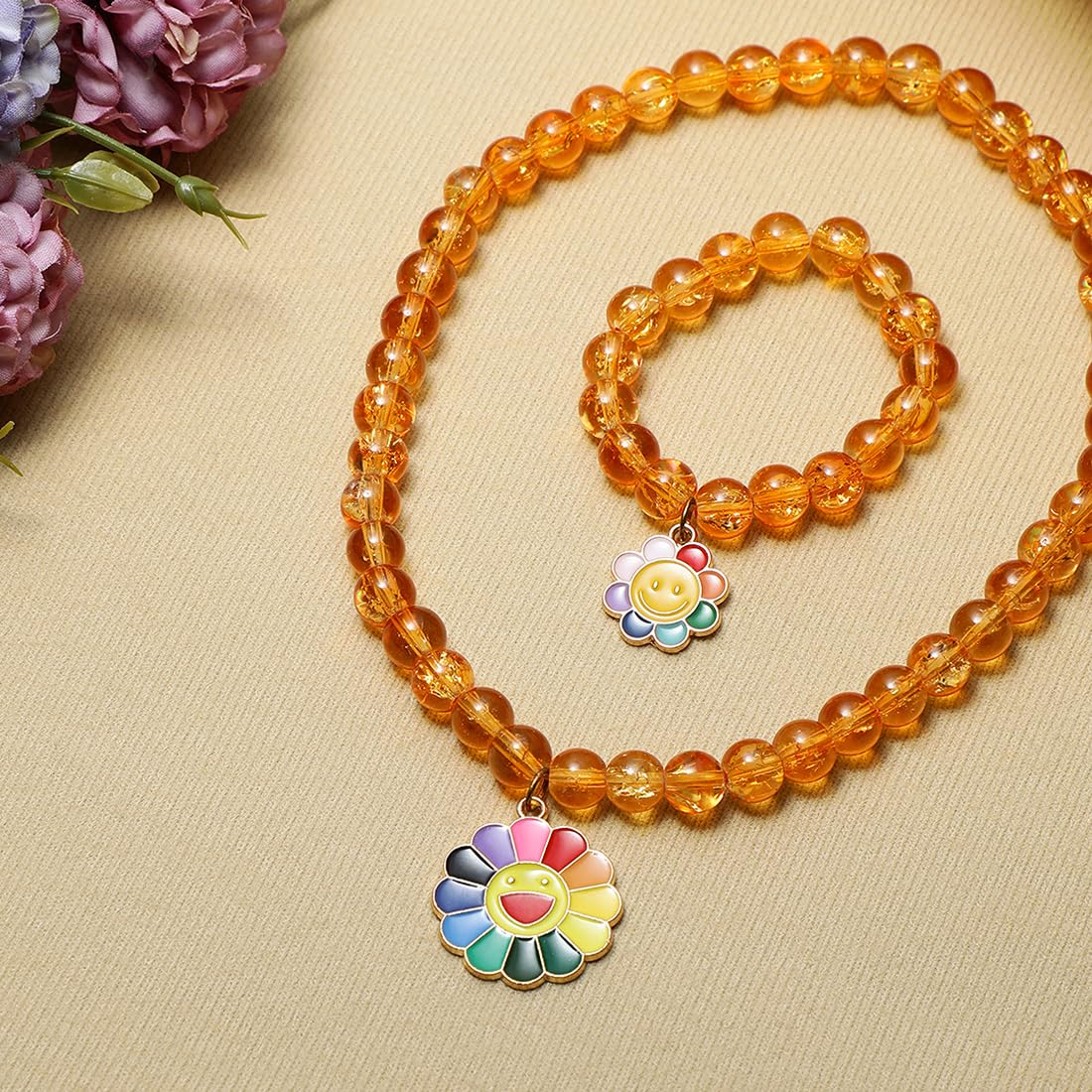 El Regalo 2 PCs Shiny Crackled Beads Kids Girls Necklace & Bracelet Jewelry Sets - Cute Kids Charms Jewelry with Sparkly Beads for Kids/Toddlers Girls (Smily Flower Jewelry Set)