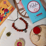 El Regalo 1PC Auspicious Natural Rudraksha & Lava Beads Rakhi for Brother- Designer Rudraksha Beads Rakhi with Roli Chawal, Rakhi Message Card in Rakhi Gift Box (Silver OM)