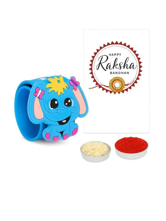 El Regalo Cute Slap Band Bracelet Rakhi for Kids Boys & Little Brother | Fun Quirky Silicone Slap Wristband Rakhi for Toddlers & Children with Roli Chawal Pack and Gift Box- Elephant