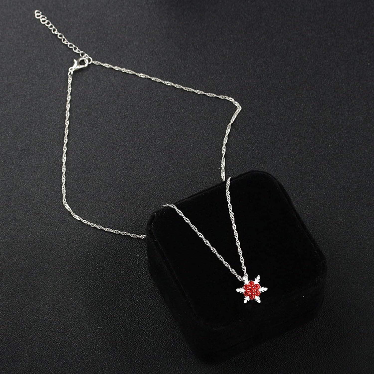 El Regalo Small Snowflakes Inlaid Rhinestones Crystal Pendant Necklace for Girls & Women (Red)