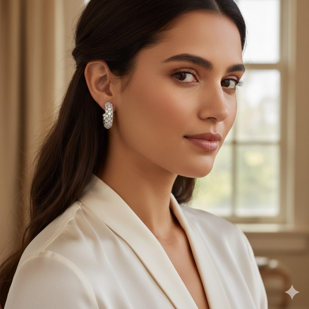 El Regalo Luxury Pearl & Zircon C Half Hoop Earrings for Women - 14K Gold Plated Pave Crystal Studs | Elegant Party Jewellery | Ideal Gift for Anniversary, Wedding & Birthdays (Silver)
