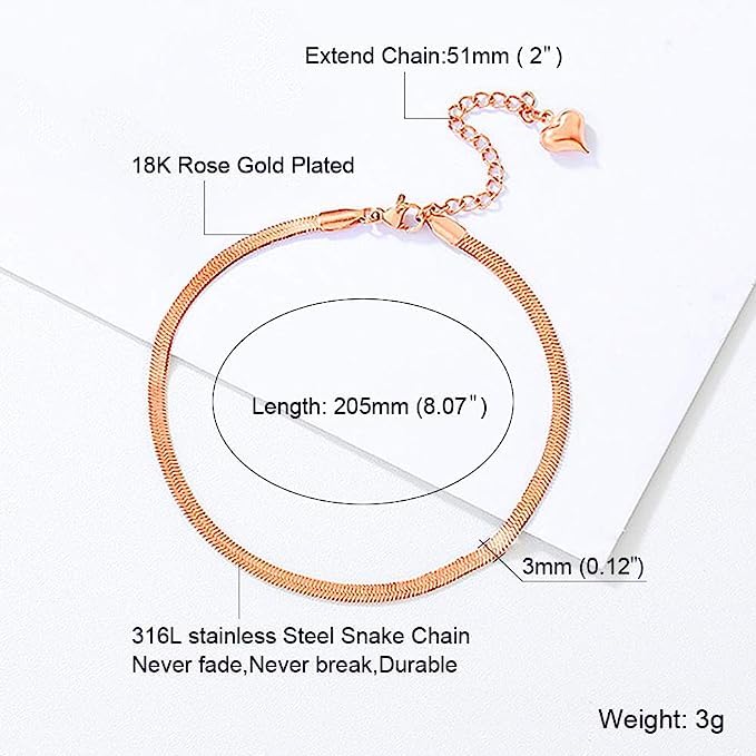 El Regalo 1PC Stainless Steel Anklet- Anti Tarnish, Waterproof 18K Rose Gold Plated Flat Snake Chain Link Dainty Anklet for Girls & Women, Boho Summer Beach Foot Jewelry