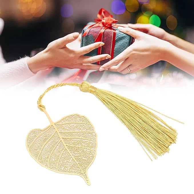 El Regalo Exquisite Metal Leaf Bookmark with Tassel - Gold Plated Hollow Leaves Brass Bookmarks for Students, Book Lovers, Writers, Teachers (Golden Peepal Leaf)