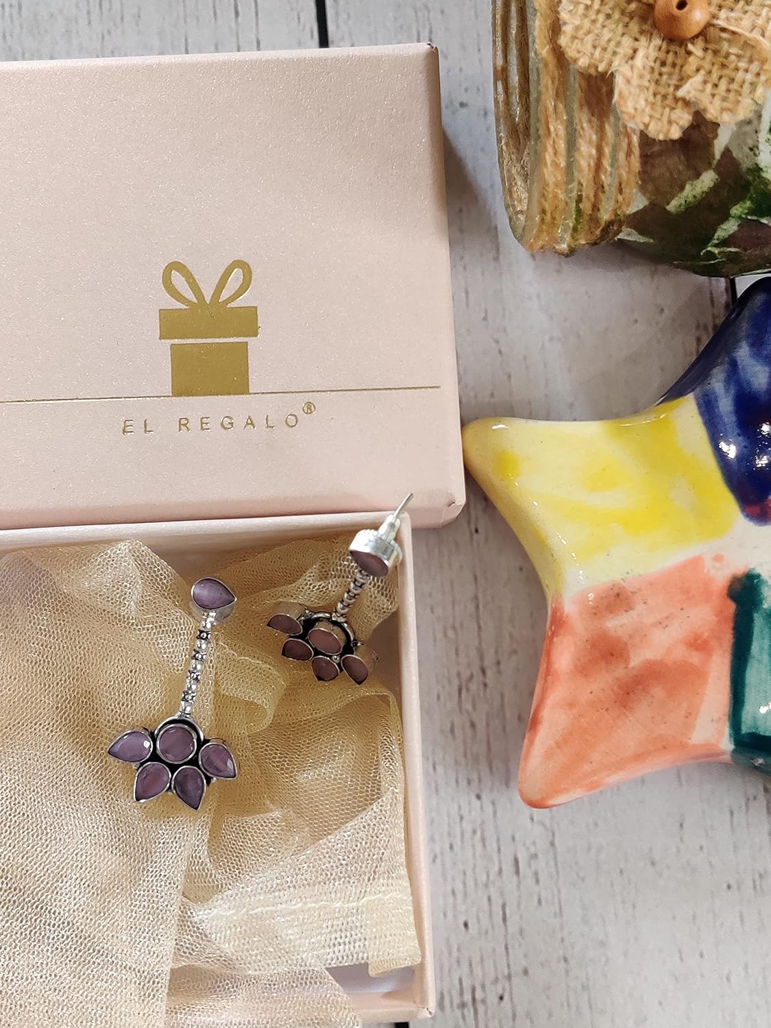 El Regalo Lavender Stones Statement Earrings - Oxidized Silver Finish Vintage Earrings for Girls & Women