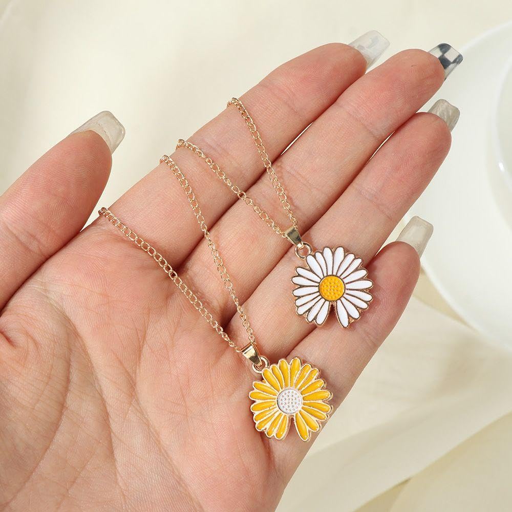 El Regalo 2 PCs White & Yellow Daisy Flower Pendant Necklace for Kids/Girls/Teens & Women- Gift for Her