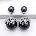 El Regalo Beautiful Double Sided Pearl Earrings for Women - Elegant Crown Rhinestone Front Back Studs | Korean Style Moti Earrings (Black Silver)