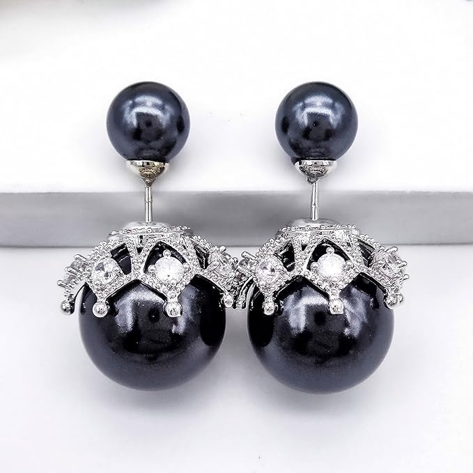 El Regalo Beautiful Double Sided Pearl Earrings for Women - Elegant Crown Rhinestone Front Back Studs | Korean Style Moti Earrings (Black Silver)