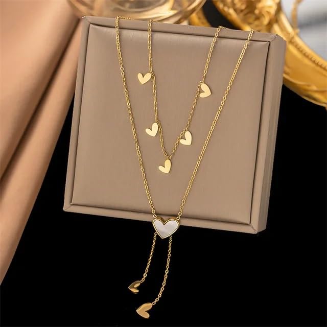 El Regalo Stainless Steel Double Layered Tassel Love Hearts Necklace for Girls & Women- Anti Tarnish, Elegant, Waterproof Hearts Necklace