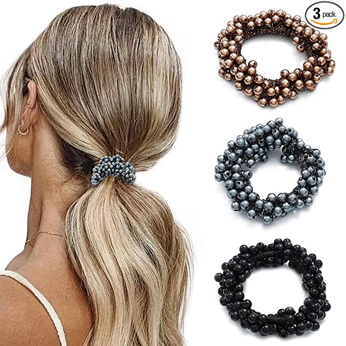 El Regalo 3 PCs Hair Ties, Elastic Pearls Hair Scrunchies, Pearl Hair Bands Bead Hair Ropes Hair Accessories for Women and Girls (Pack of 3) (Option-1)