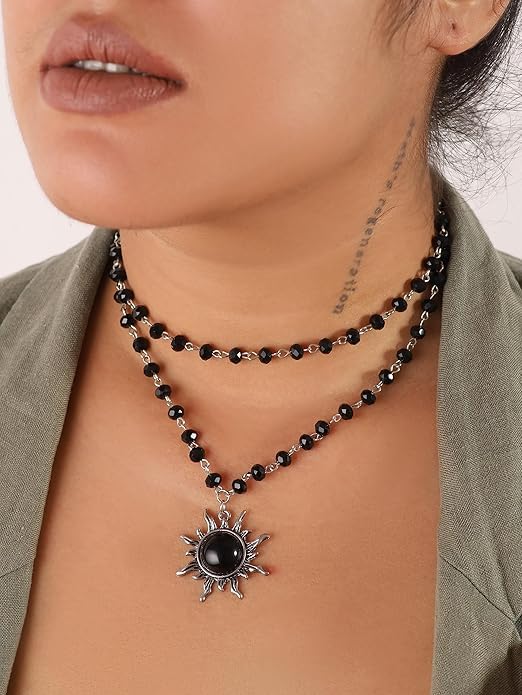El Regalo Gothic Black Bead Sun Pendant Choker Necklace for Women & Girls - Vintage Goth Boho Jewelry | Statement Sun Charm Beaded Necklace for Party, Festival, Casual (Black Onyx)