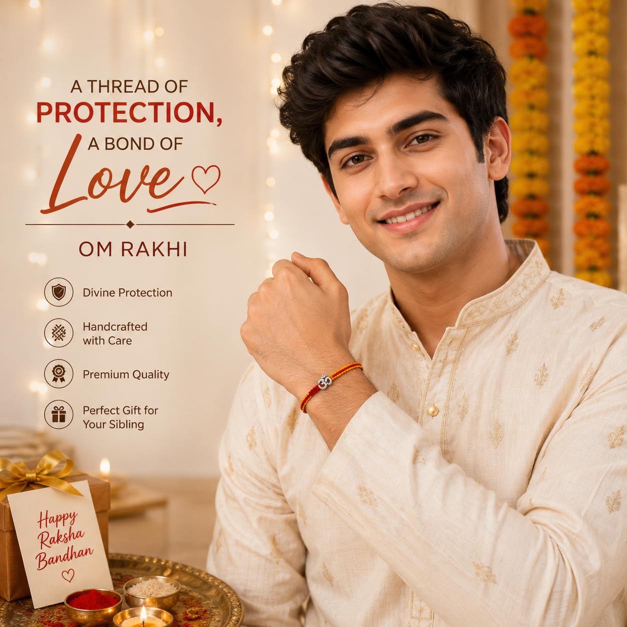 El Regalo 1PC Traditional Rakhi for Brother with Roli Chawal & Message Card | Designer Rakshabandhan Thread with OM, Shree Ram, Ganesha, Krishna Charms | Rakhi Gift Box Included (OM)